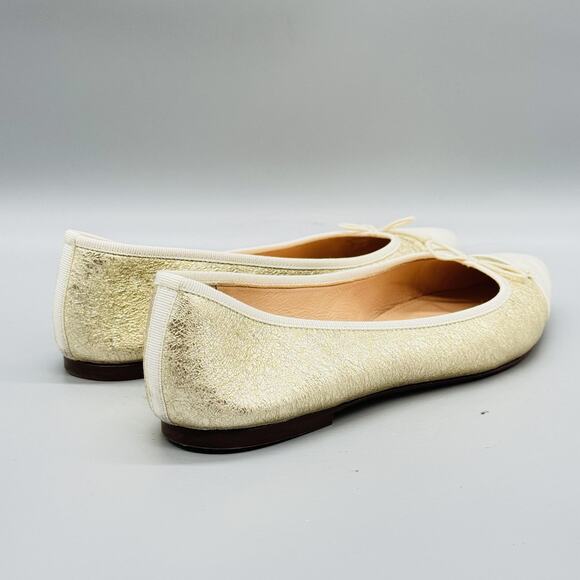 J Crew Shoes Women 7 Gold Leather Ballet Flat Pointed Cap Toe Bow Slip On Casual - Picture 6 of 9
